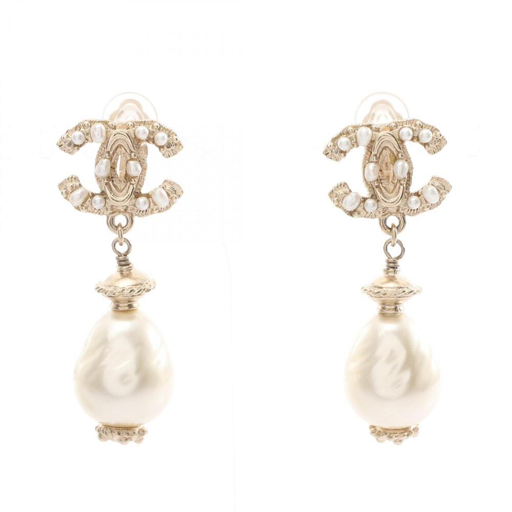 Chanel A11C Swing Pearl Coco Mark Earrings, Gold Plated (GP), Faux Pearl, Wom...
